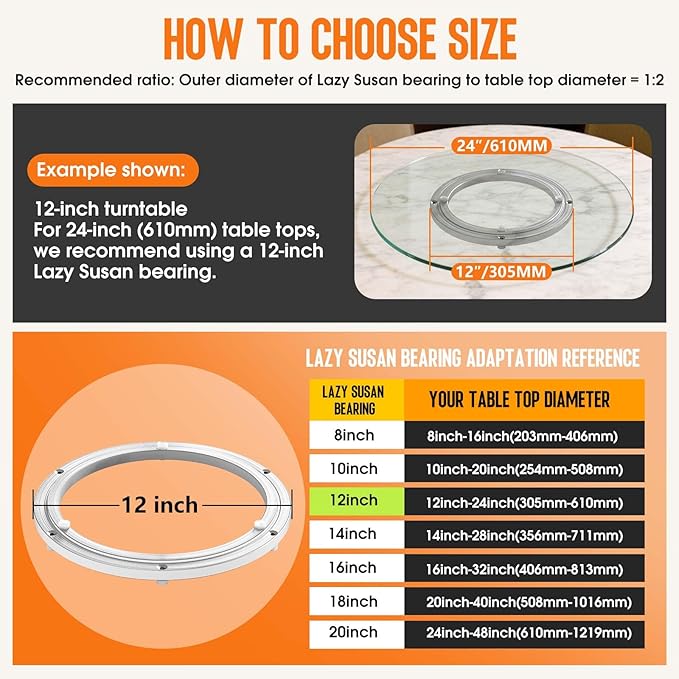 Heavy Duty Lazy Susan Turntable Bearing 12 Inch, 500lbs Capacity Rotating Swivel Plate for Round Table, Heavy Duty Swivel Base for Dining Room Kitchen
