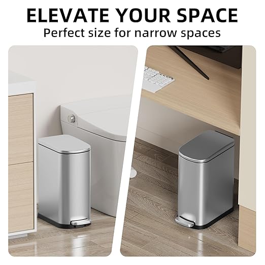 2.6 Gal Bathroom Trash Can with Soft Close Stay Open Lid, Small Rectangular 10L Stainless Steel Waste bin for Narrow Space, Waterproof, Odor Protection, Gold