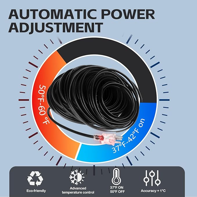 130FT（3FT-200FT） Pipe Heating Cable for Pipe Freeze Protection, Heat Cable for Water Pipes(Metal and Plastic), Pipe Heat Tape Keeps Water Flowing at -40°F 5w/ft, 120V Plumbing fixture