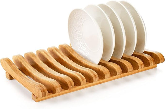 Frcctre Bamboo Dish Drying Rack, 10 Slots Bamboo Cabinet Plate Stand Dish Drainer Wooden Plate Rack Pot Lid Holder Kitchen Dish Plate Storage Organizer for Countertop Cabinet