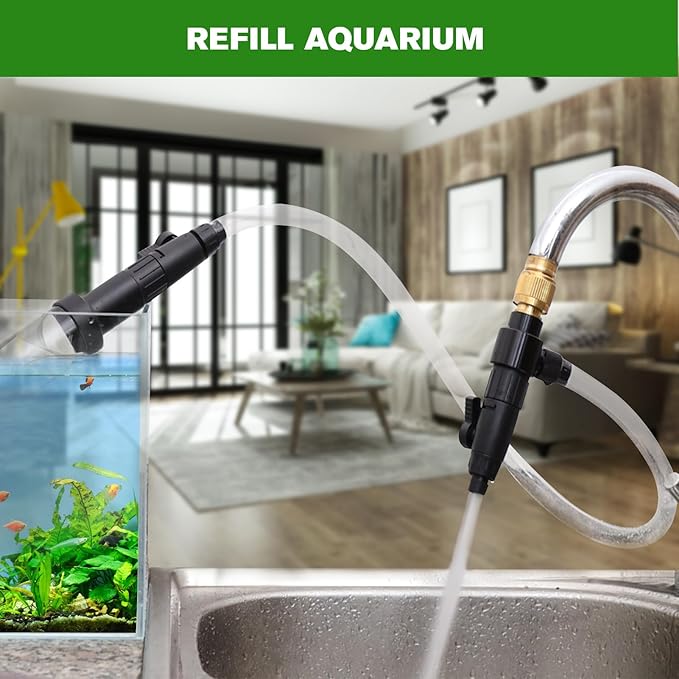 ZRDR Aquarium Siphon Vacuum Gravel Cleaner Kit for Fish Tank Cleaning Gravel & Sand, Fish Tank Water Changer Metal Faucet Connector with Long Hose Drain & Fill（32ft）