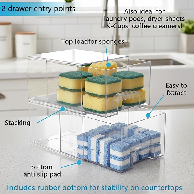 2 Pack Laundry Pods Container, Stackable Laundry Room Organization Storage Drawers, Dryer Sheet Container, Detergent Holder with Pull Handle, Bathroom Organization, Clear