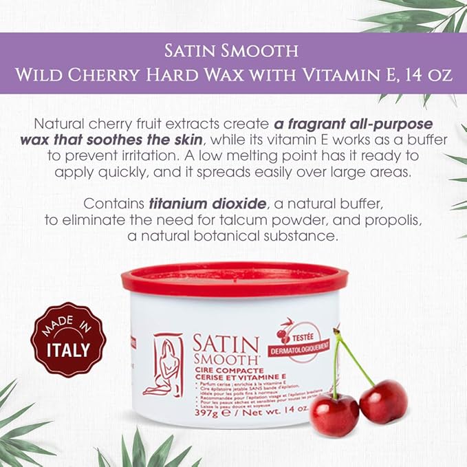 Satin Smooth Wild Cherry Hard Wax with Vitamin E, Hair Removal Wax for Sensitive Skin, Ideal for Bikini, Brazilian, and Body Waxing, 14oz