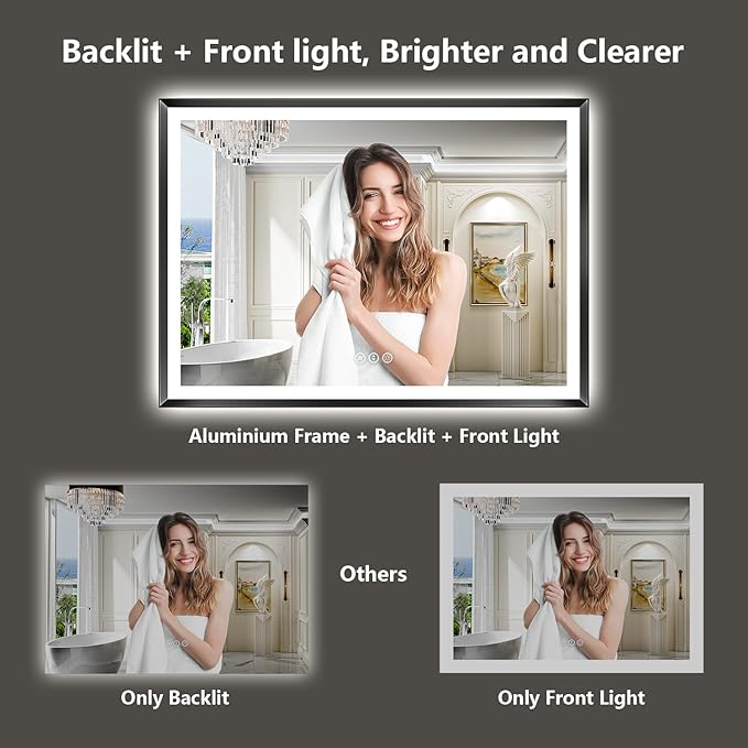 44x30 Black Framed LED Bathroom Mirror with Lights, Backlit and Front Light, Lighted Bathroom Vanity Mirror for Wall Dimmable Anti-Fog Memory Tempered Glass Horizontal/Vertical