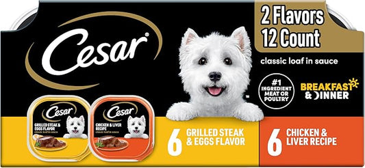 Cesar Wet Dog Food Classic Loaf in Sauce, Beef Recipe, Filet Mignon Flavor, Grilled Chicken Flavor, and Porterhouse Steak Flavor, 3.5 oz. Easy Peel Trays, Variety Pack of 24