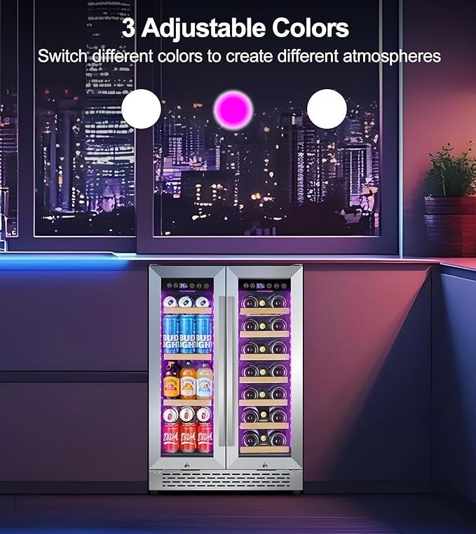 3 LED Wine and Beverage Refrigerator, 90 Can & 21 Bottle Dual Zone Stainless-Steel Wine Beverage Cooler, 24 Inch Built-In or Freestanding Wine and Drink Fridge Fast Cooling for Home/Kitchen