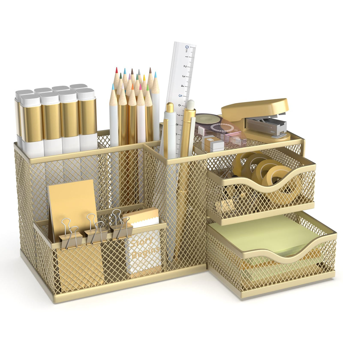 Mesh Desk Organizer with 2 Drawers, Metal Pen Holder for Desk - Image 1