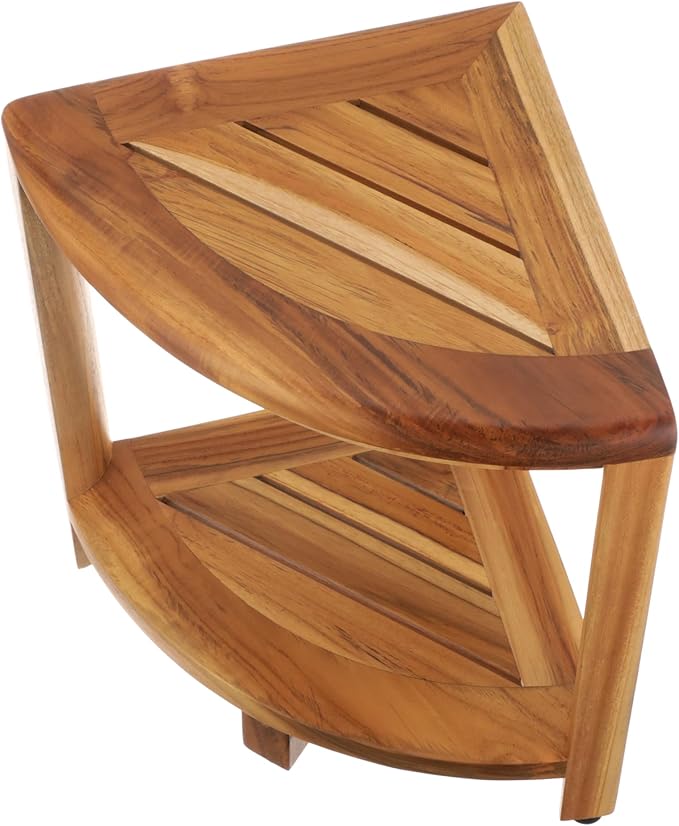 EcoDecors Fully Assembled SnazzyCorner® 18" Teak Shower Bench, Corner Shower Stool, w Shelf in Earthy Teak Finish, Compact Fit for Small Bathrooms & Walk-in Showers – Slip-Resistant Feet, Sauna Bench