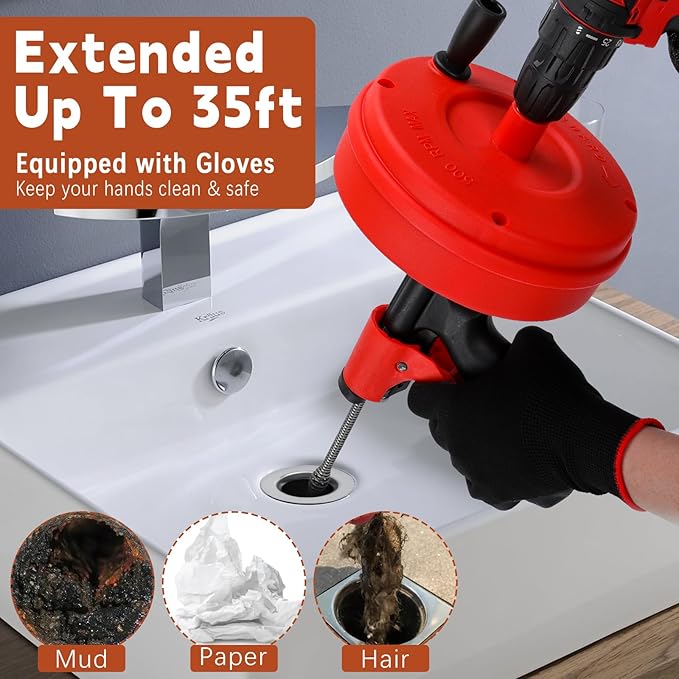 35 FT Double Mode Drain Snake Tools, 11-in-1 Drain Auger for Sink and Drain Unblocking, Plumbing Snake for Kitchen, Bathrom and Shower Sink, Snake for Real DYIs (Red) NEW