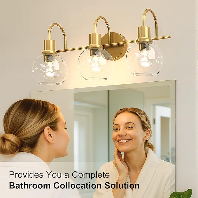 Bathroom Light Fixtures,Gold Vanity Light 3 Light Wall Sconces, Brushed Brass Lighting with Clear Glass Shades, Wall Mounted Mirror Lights for Kitchen, Bedroom, Hallway
