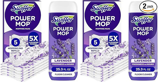 Swiffer Power Mop Refill Pack, Floor Cleaner for Mopping Tile, Vinyl, Laminate, Wood in Home, Bathroom, Kitchen, All Purpose Multi-Surface Cleaning, 5 Pads + 1 Lavender Solution (Pack of 2)