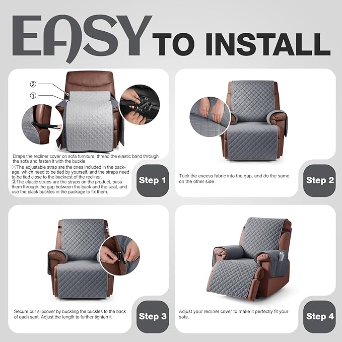 KinCam 100% Waterproof Recliner Chair Cover, Reclining Couch Covers for Pets, Dogs, Recliner Couch Slipcover Furniture Protector with Elastic Straps for Kids(28", Dark Gray)