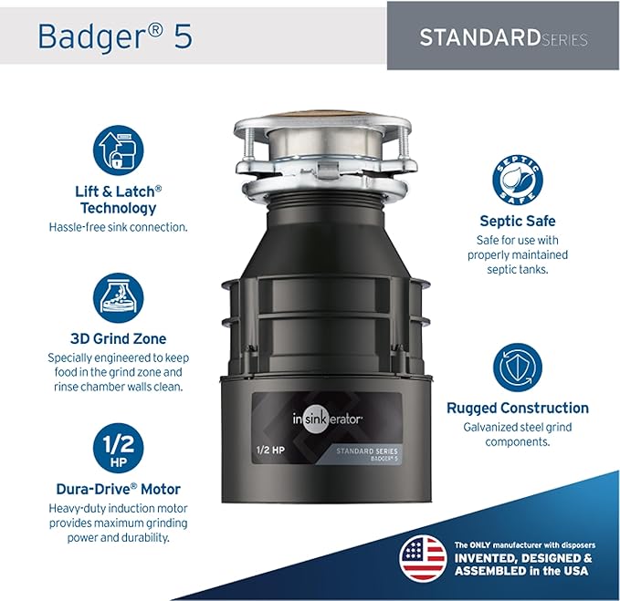 InSinkErator Badger 5 Garbage Disposal, Standard Series 1/2 HP Continuous Feed Food Waste Disposer, Black, Set of 1 & STP-PL Sink Stopper for Garbage Disposals, Black