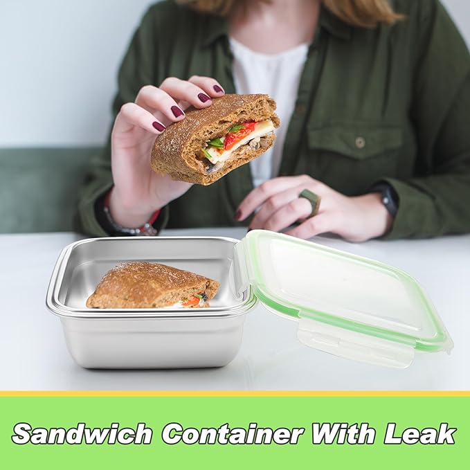3 Pack Stainless Steel Sandwich Containers with Lids Multi Size Metal Food Container for Lunch Boxes with Airtight Silicone Seal for Sandwiches and Snacks (Green)