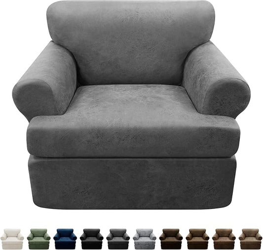 2-Pieces T Cushion Armchair Slipcovers Leather Look Couch Cover Chair Covers Stretch Furniture Protector Sofa Cover with 1 Individual T Cushion Seat Cover Slipcover Sets Washable, Grey