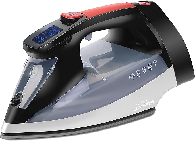 Sunbeam Professional 1700W Digital Steam Iron, 11-Heat Settings, Multi-Color LCD Display Screen, Precision Ironing, Horizontal or Vertical Shot of Steam, 8' Retractable Cord, Black and Red