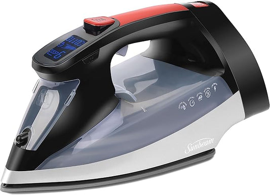 Sunbeam Professional 1700W Digital Steam Iron, 11-Heat Settings, Multi-Color LCD Display Screen, Precision Ironing, Horizontal or Vertical Shot of Steam, 8' Retractable Cord, Black and Red