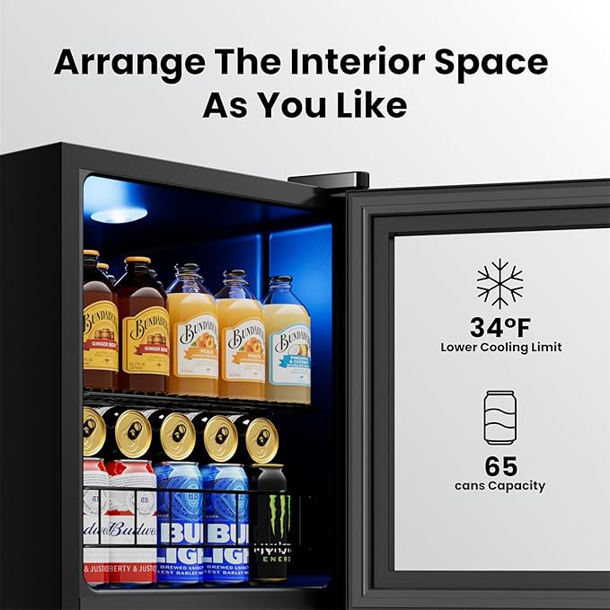 Yeego Beverage Refrigerator Cooler, 65 Cans Drink Mini Fridge with Glass Door for Soda Beer or Wine, Beverage Cooler with 34°F-54°F Digital Temperature Control for Home, Office, Bar