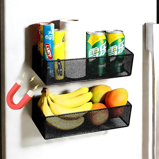 Magnetic Basket Organizer Holder for Fridge，Magnetic Shelf for Washing Machine， Magnetic Mesh Basket, Black Rectangular Steel Shelf Organizer, 10.43 x 4.92 x 3.15 Inches (Black , 2pack)