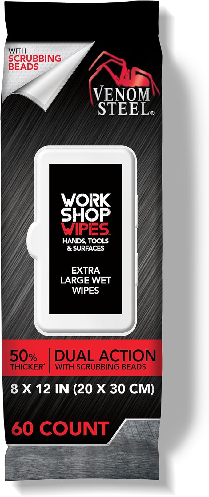 Venom Steel Workshop Wipes with Scrubbing Beads, for Grease, Grime, Oil, Paint and Caulk, Safe on Hands, Tools, and Non Porous Surfaces, Light Citrus Scent, 8" x 12" Cloths, 60 Wipes (Pack of 8)