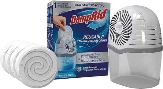DampRid Reusable Moisture Absorber with 4 Drop-In Tablets, Fragrance Free, 15.8 oz., Attract and Trap Excess Moisture & Eliminate Musty Odors for Cleaner, Fresher Air