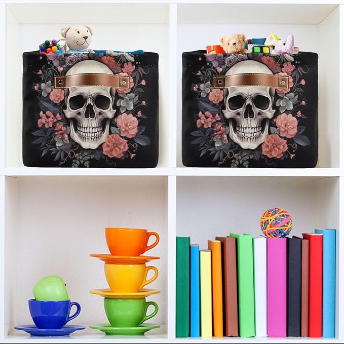 Halloween Basket Black Rose Skull Baskets with Handles Collapsible Organizer Box Shelf Storage Baskets for Holiday Home Decor 1PC