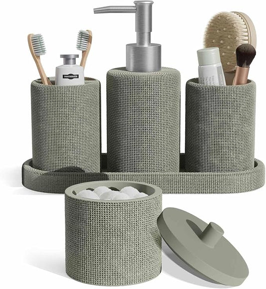 Clara Clark Bathroom Set - Sage Green Bathroom Accessories Set, 5PC Bathroom Accessory Set, Bathroom Sets with Soap Dispenser, Toothbrush Holder, Tumbler, Cotton Swab Jar & Vanity Tray
