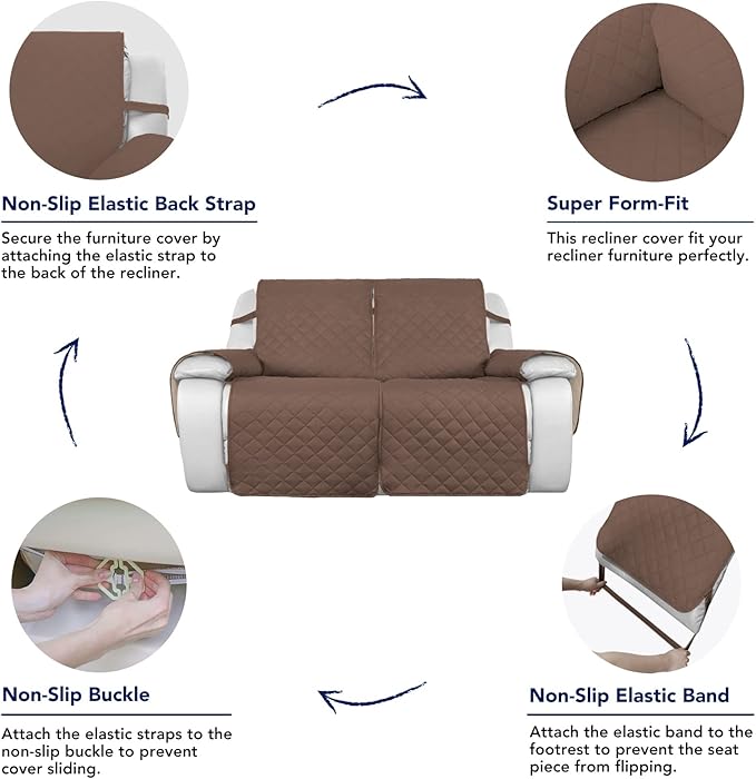 PureFit Water Resistant Reversible Sofa Covers for Reclining Sofa 2 Seat - Non Slip Split Recliner Couch Cover for Double Recliner, Washable Furniture Protector for Kids, Dogs (2 Seat, Brown/Beige)