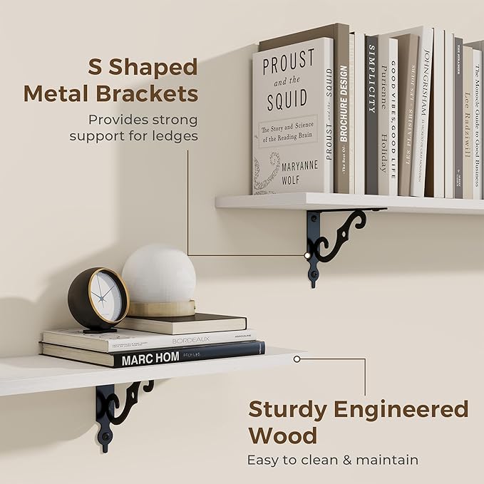RICHFOCUS Floating Shelves for Wall Decor, 8 Inch Deep Shelves Set of 2, 16W x 8D Floating Shelves Wall Mounted with Metal Brackets, Rustic Wood Shelves for Living Room Bedroom Kitchen, White