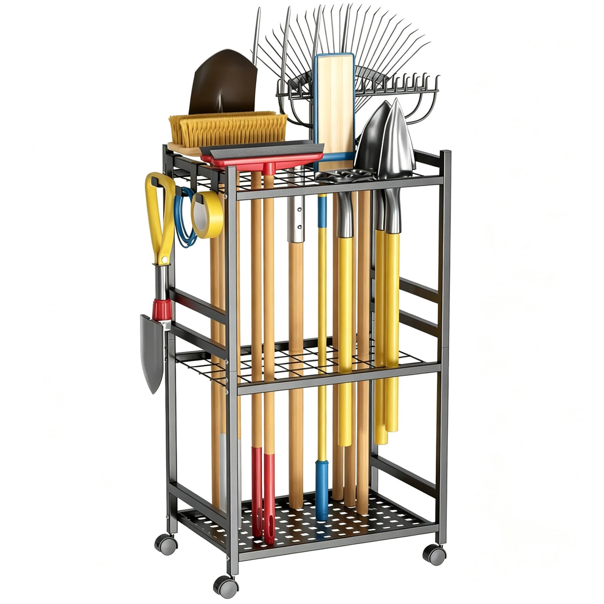 Garden Tool Organizer with Wheels, Yard Tool Rack with 3 - Image 1