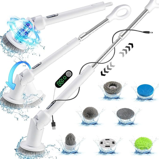 Powerful Electric Spin Scrubber, 2024 New Full-Body IPX8 Waterproof Bathroom Cleaner Brush, Shower Scrubber with Long Handle & 2 Speed, Heads Replacement, Cleaning Supplies for Tub Shower Tile Floor