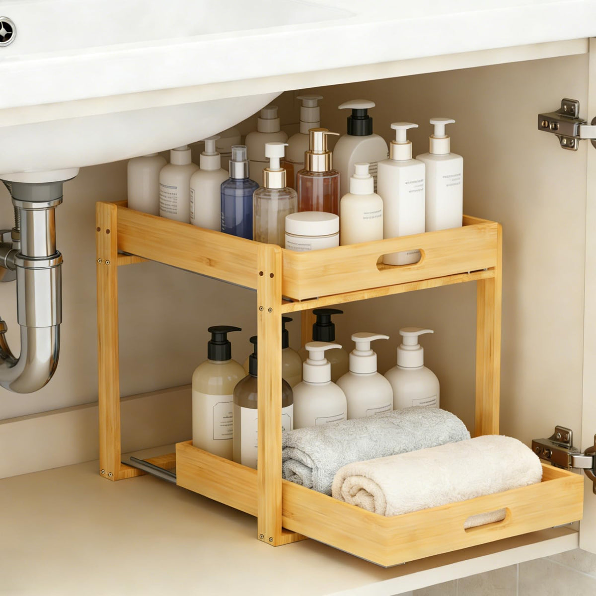 Bamboo Under Bathroom Sink Organizer - 2-Tier Pull Out - Image 1