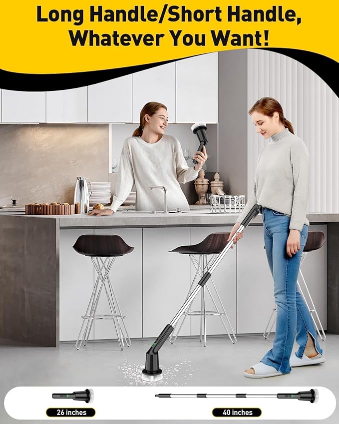 Electric Spin Scrubber,Cordless Shower Cleaning Brush IPX7 Waterproof with 3 Replaceable Brush Heads, Adjustable Extension Handle and Power Dual Speed,Power Scrubber for Bathroom Tub Tile Floor Car 5