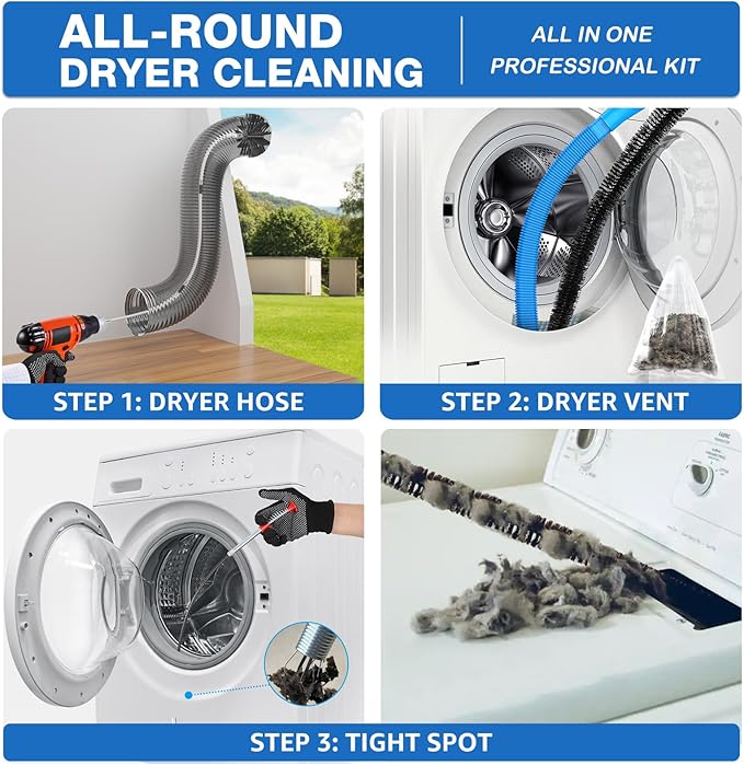 22-Piece 40-Feet Dryer Vent Cleaner Kit, Dryer Vent Cleaning Kit Lint Remover with Dryer Vent Brush, Vacuum Hose Attachment Cleaning Tools, Flexible Lint Trap Brush, Vacuum & Dryer Adapters