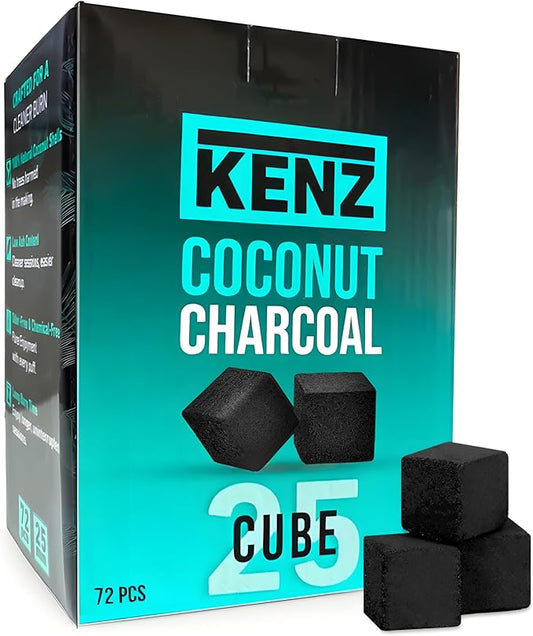 KENZ Coconut Charcoal Cubes 25 mm — 100% Natural, Low Ash, 72 pcs