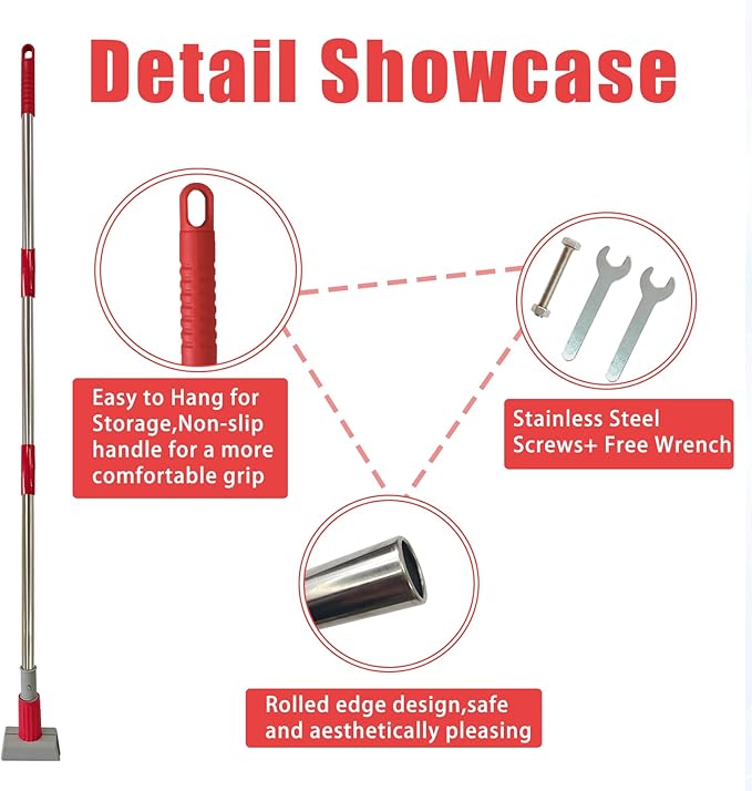 Heavy Duty Commercial Jaw Clamp Mop Handle 55.7 Inch Thickened Stainless Steel Red Mop Stick Industrial Grade Replacement Adjustable Mop Rod