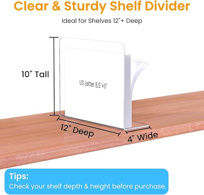 Shelf Dividers for Closet Organization – Acrylic Clear Sturdy Dividers to Keep Clothes, Sweaters & Purses Upright, Free-Standing for Wood Shelves, 10" Tall x 12" Deep, 8 Pack