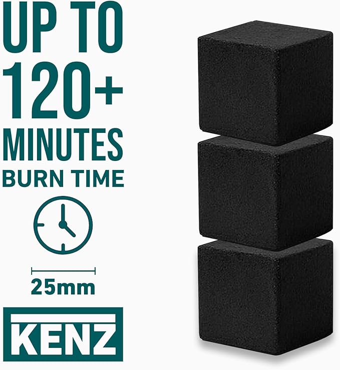 KENZ Coconut Charcoal Cubes 25 mm — 100% Natural, Low Ash, 72 pcs