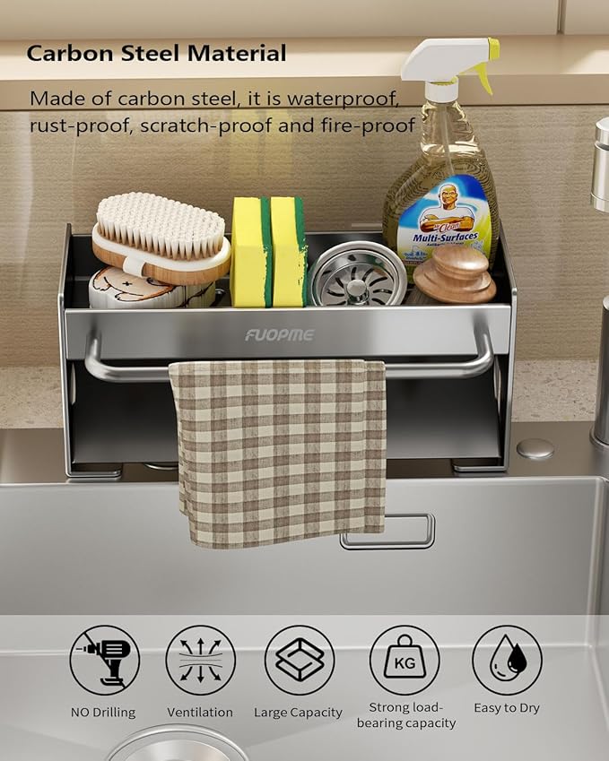 Kitchen Sink Organizer Sponge Holder:Sink Caddy with Dishrag Holder,Rustproof Carbon Steel with Auto-Drain,Dish Sponge & Soap Dispenser Towel Rack for Kitchen Countertop Storage, Grey