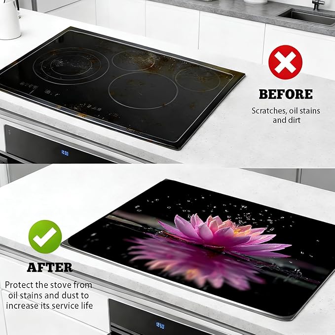 Glass Stove Top Covers for Electric Stove, Heat Resistant Counter Protector Mat, Non Slip Waterproof Surface Cover for Kitchen Counter and Cooktop (Pink water lilies, 28"L x 20"W)