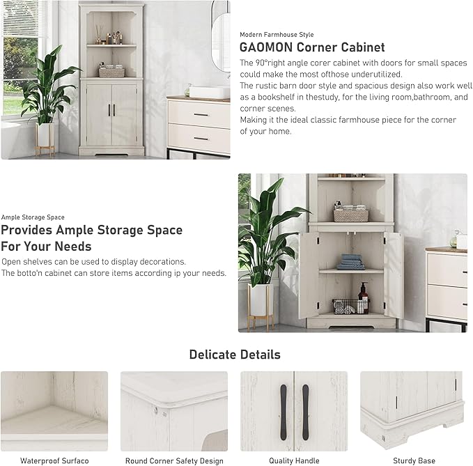 KEIKI Tall Corner Cabinet with Open Shelves and Concealed Storage, Space-Saving Design for Living Room, Bathroom, and Bedroom - Wood Grain Beige