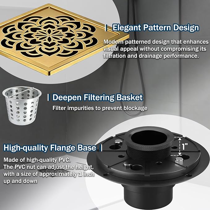 6 Inch Shower Drain, Square Shower Floor Drain Kit with Flange and Removable Cover Grate, AISI 304 Stainless Steel, Brushed Gold