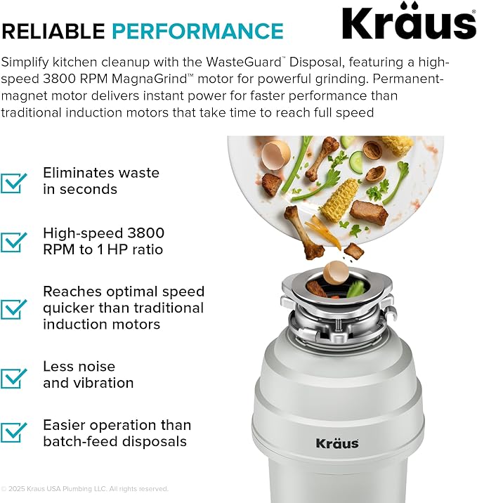 KRAUS WasteGuard 1 HP Continuous Feed Garbage Disposal with Ultra-Quiet Motor for Kitchen Sink with Power Cord and Flange Included, KWD201-100MCG