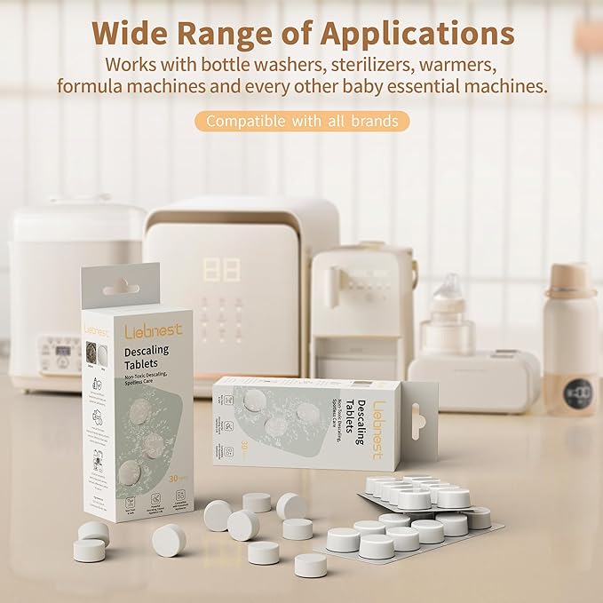30 Count Descaling Tablets – Compatible with Momcozy, Baby Brezza, Papablic & All Brands. Fits Bottle Washers, Warmers, Sterilizers & Formula Makers to Remove Milk Stains & Limescale