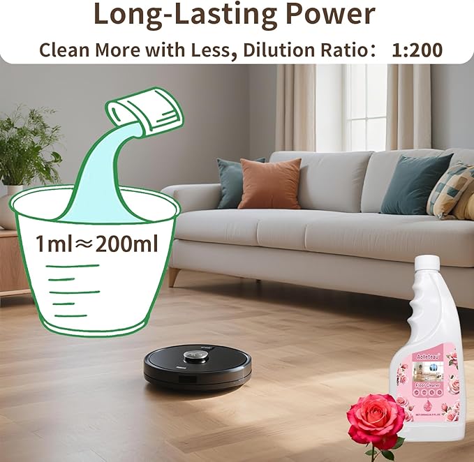 Robot Mop Cleaning Solution Concentrate Compatible with Robot Mops, Wet Dry Vacuums for Roborock, Tineco, Dreame, Narwal, Shark, Bissell Mops, 16.9 FL.oz, Dilution Ratio 1:200, Rose Scent