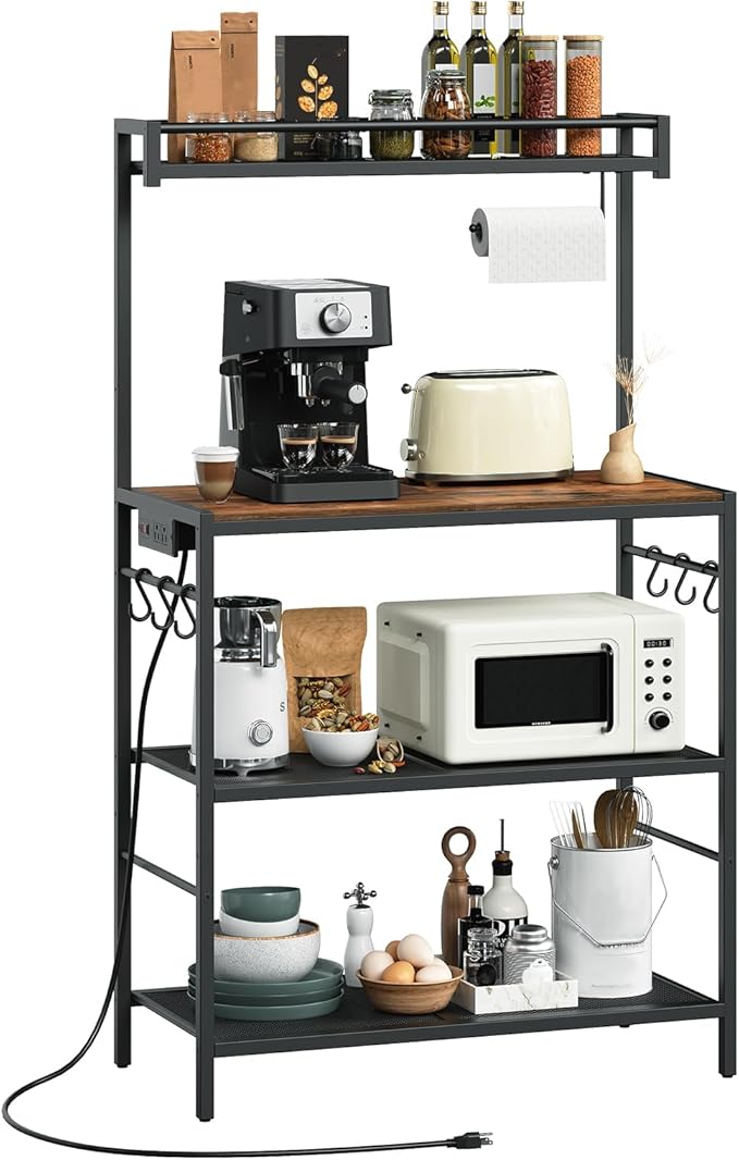 Bakers Rack with Power Outlet, Microwave Stand with Paper Holder, Bakers Rack with Storage, Coffee Bar Station with 6 Hooks, for Kitchen, Dining Room, Rustic Brown and Black BRHR361E01
