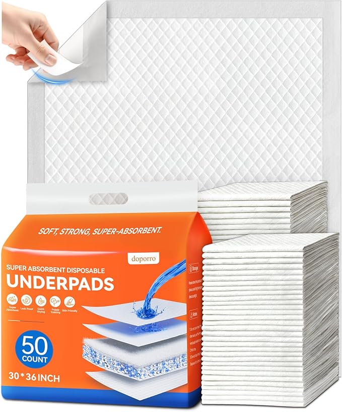 Disposable Pee Pads for Dogs, Puppies & Adults, 30” x 36” (50 Count), Super Absorbent Extra-Large Potty Pads with Adhesive Strips, Quick-Dry Indoor Protection for Pets