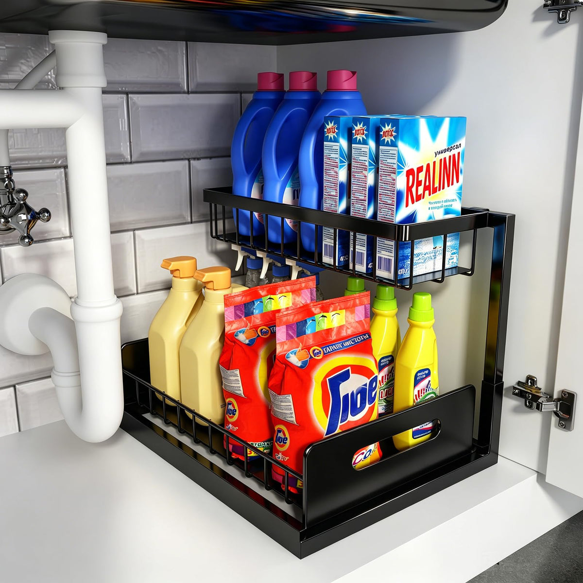 REALINN Under Sink Organizer, L-Shaped Pull Out Cabinet Organizer - Image 1