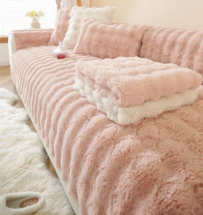 Soft Warm Faux Fur Couch Sofa Cover Thick Shaggy Fuzzy Sectional Couch Cover Non-Slip Solid Color Plush Sofa Slipcover Furniture Protector for Kids, Pets (Pink,28"x82")