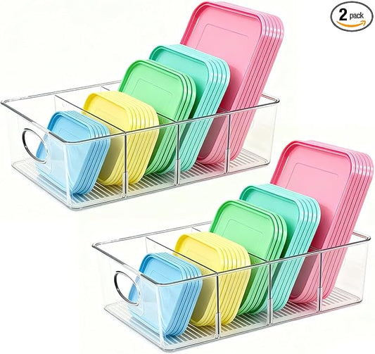 2 Pack Lid Organizer for Kitchen Cabinet Food Storage Container Lids, Clear Plastic Adjustable Dividers, Lid Organizers Inside Cabinet for Kitchen Organizers and Storage
